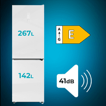 Bolero CoolMarket Combi 409 White Glass E Frigorífico Combi Cristal Blanco, MAX INSIDE con VIP tech, Cool Matrix, Cajón Variable 6 temperaturas con control de humedad, Total No Frost, Compresor Inverter Plus, Multi AirFlow, 409 L, 185x59,5cm, Funciones Fast Cooling y Fast Freezing, Modo Smart, Green HUB XL, Display Exterior, Puertas Reversibles, Botellero, Bandejas Cristal y Clase E.