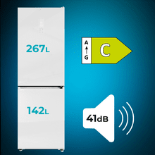 Bolero CoolMarket Combi 409 White Glass C Frigorífico Combi Cristal Blanco, Clase C, MAX INSIDE con VIP tech, Cool Matrix, Cajón Variable 6 temperaturas con control de humedad, Total No Frost, Compresor Inverter Plus, Multi AirFlow, 409 L, 185x59,5cm, Funciones Fast Cooling y Fast Freezing, Modo Smart, Green HUB XL, Display Exterior, Puertas Reversibles, Botellero y Bandejas Cristal.