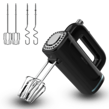 PowerTwist 300 Batidora amasadora con potencia de 300 W que garantiza un mezclado uniforme y sin esfuerzo. Cinco velocidades regulables. Varillas de precisión para montar claras o cremas. Ganchos de acero resistentes para amasar. Botón eyector QuickOut. Base de almacenamiento integrada.