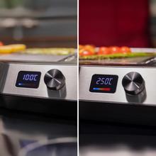 Teppanyaki Steel Plancha eléctrica tipo teppanyaki con placa de acero inoxidable desmontable, temperatura regulable de 100 a 250 °C y accesorios incluidos.
