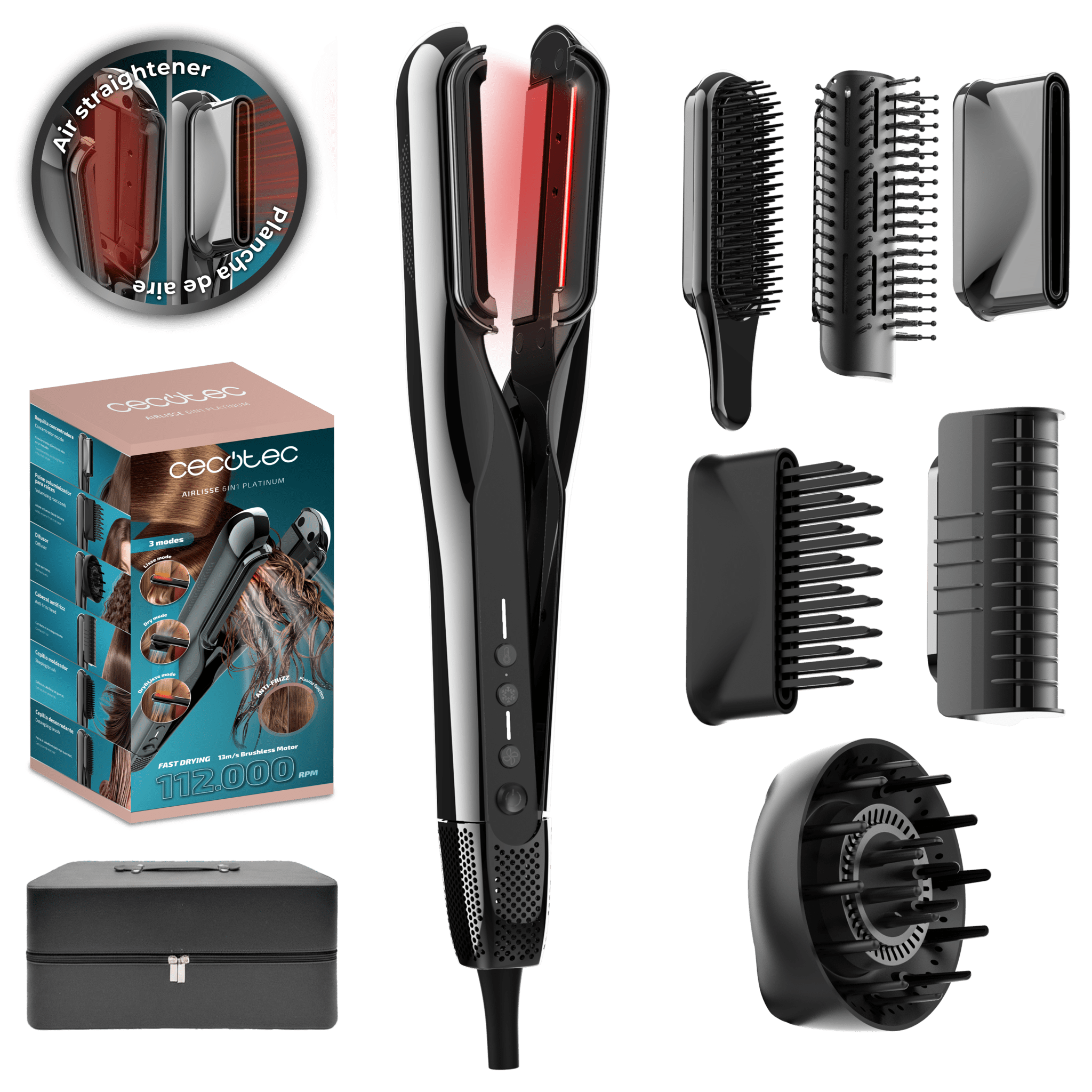 AirLisse 6in1 iTwerk Platinum: Plancha de aire con Tecnología infrarrojos, Placas vibratorias, 3 modos de uso, Plasma, 6 accesorios, Estuche de Cuero