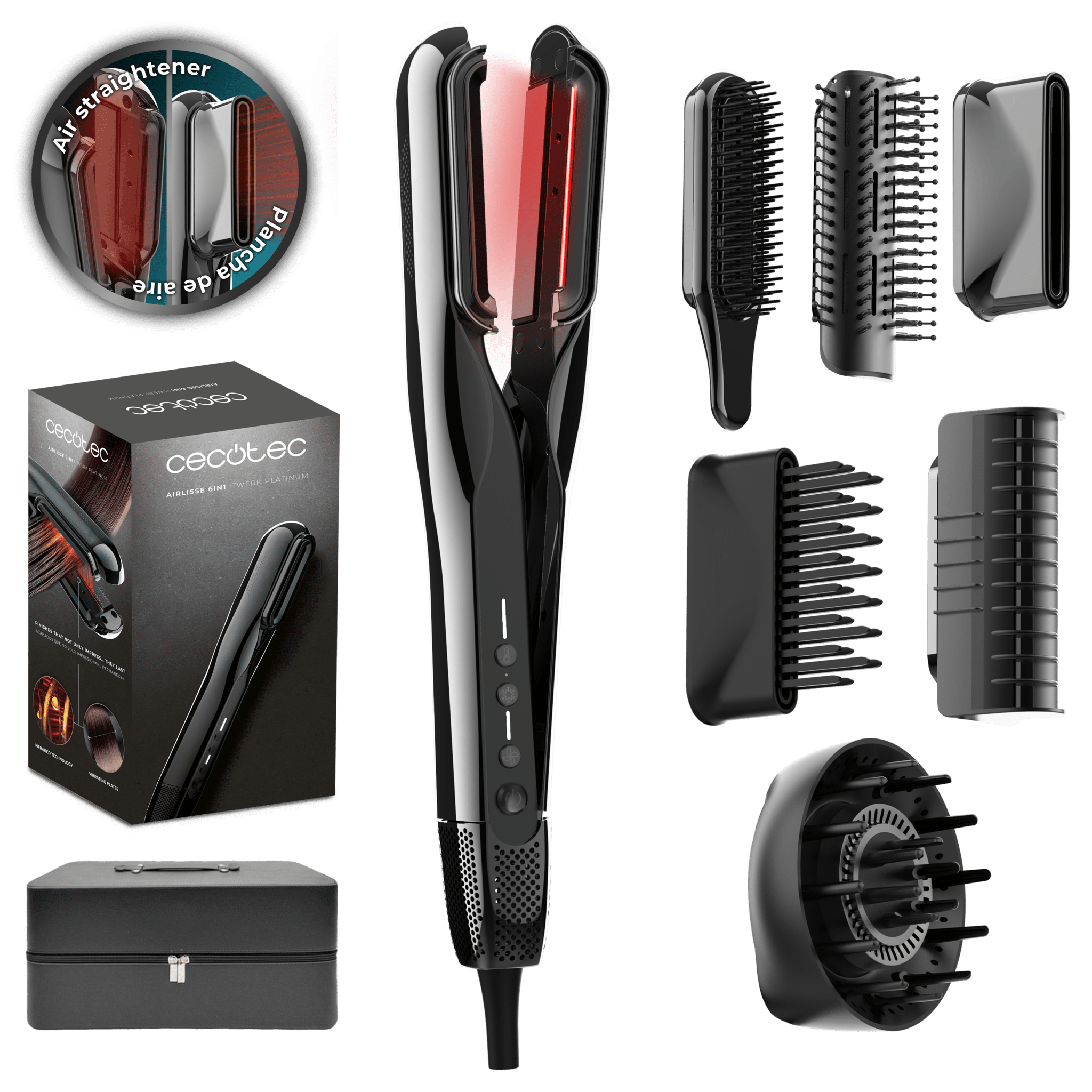 AirLisse 6in1 iTwerk Platinum: Plancha de aire con Tecnología infrarrojos, Placas vibratorias, 3 modos de uso, Plasma, 6 accesorios, Estuche de Cuero