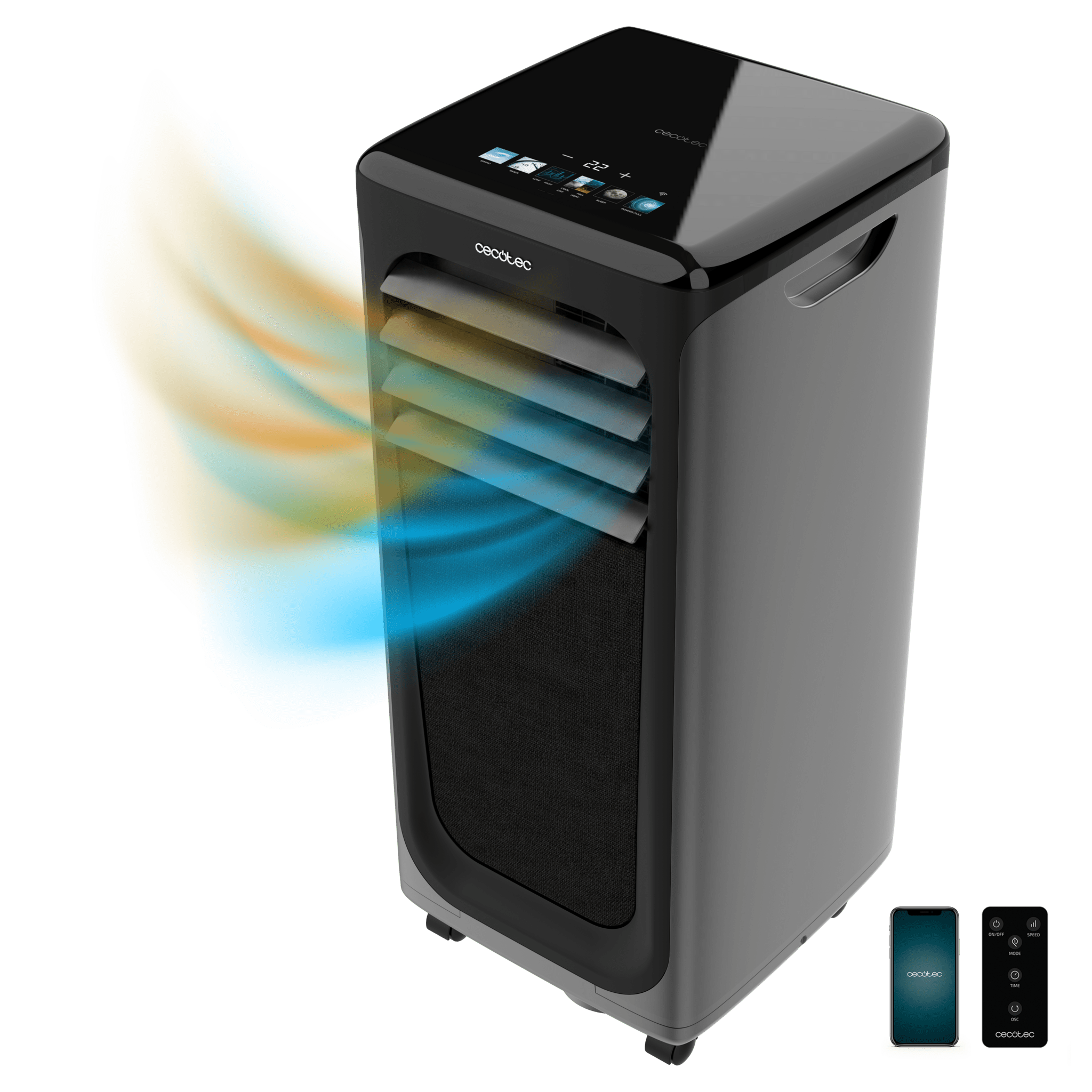 ForceClima 9900 SmartTouch Mobile Klimaanlage 9.000 BTU mit Wärmepumpe, Touch‑Display, Fernbedienung und WLAN‑Steuerung.