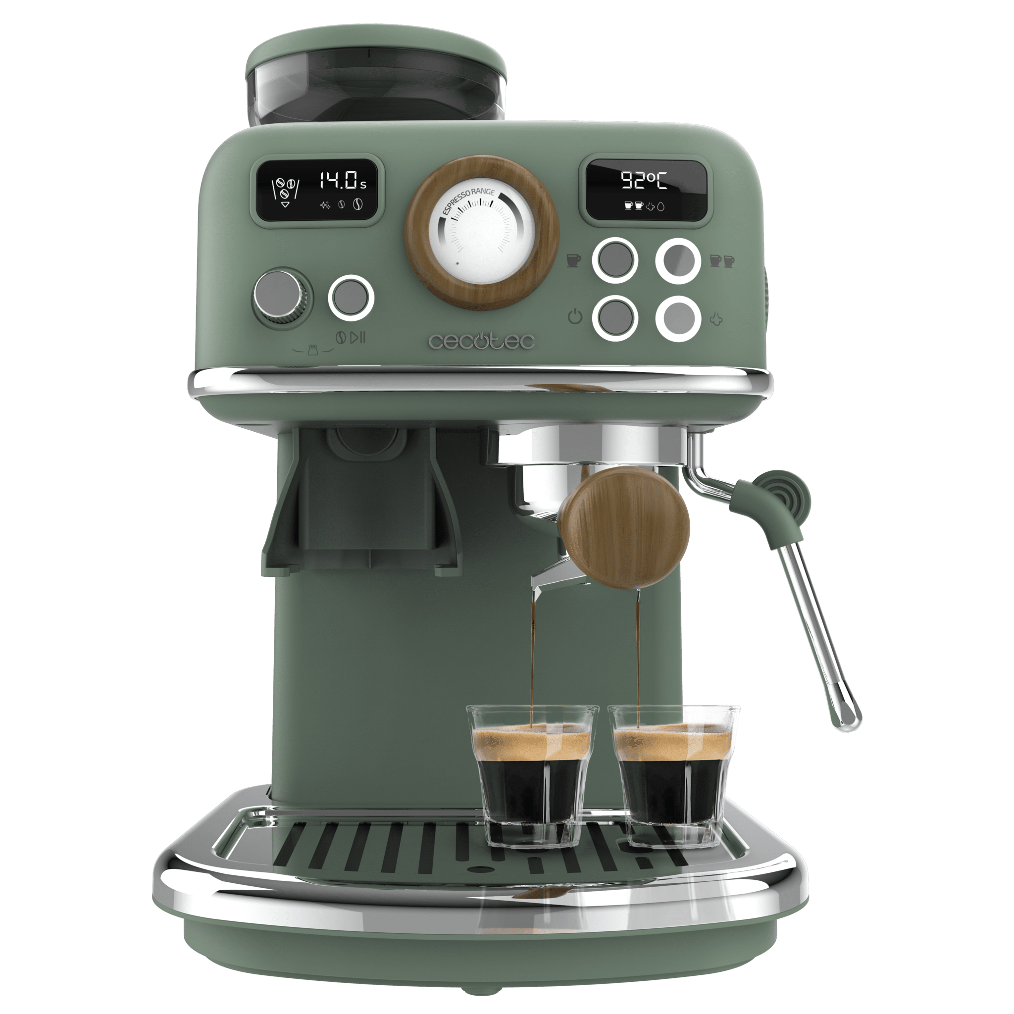 Power Espresso 20 Tradizionale Grind Espressomaschine mit integriertem Mahlwerk. Verstellbare Dampflanze. 20 Bar. Brüht zwei Kaffees gleichzeitig. Manometer und PID-Regelung. Inklusive Tamper.