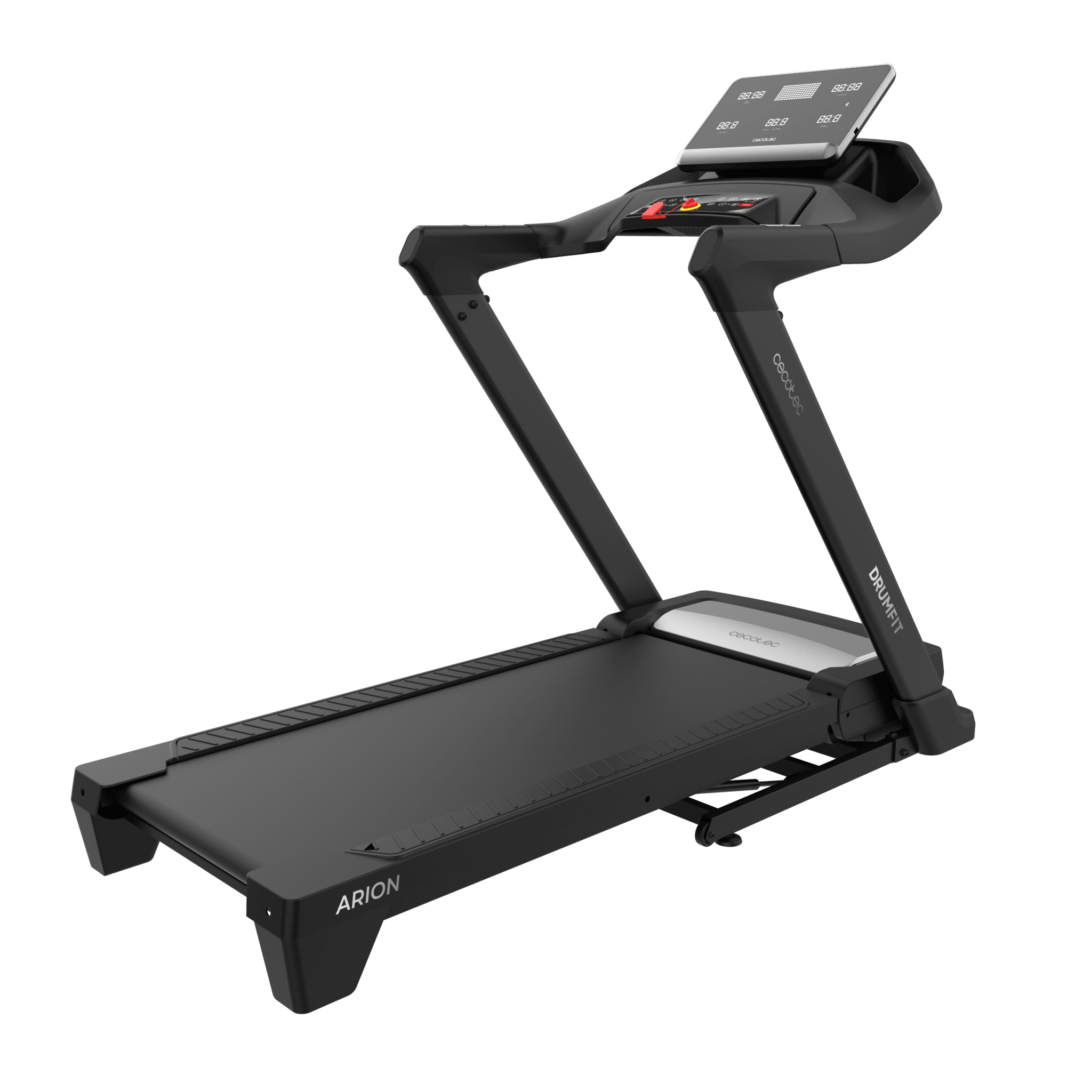 Drumfit Flow ARION DrumFit Flow Arion: passadeira para treinos intensivos em casa, com motor de 3 HP, velocidade até 20 km/h, inclinação ajustável 1‑18 %, superfície de 52×140 cm, ecrã LED com espaço para tablet, botões de ajuste rápido e compatibilidade com Zwift e Kinomap para treinos interativos e variados.