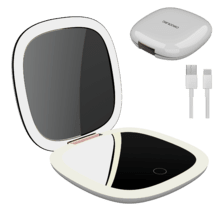 Mini Espelho FaceCare. Espelho de maquiagem dupla face com aumento de 10x e um espelho com aumento de 1x, ambos com iluminação LED. Possui sensor de toque, brilho ajustável e três temperaturas de luz (fria, quente e natural). Alimentado por uma bateria recarregável de 600 mAh e carregamento USB-C.