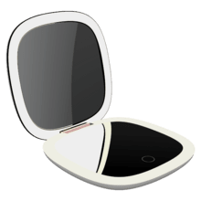 Mini Espelho FaceCare. Espelho de maquiagem dupla face com aumento de 10x e um espelho com aumento de 1x, ambos com iluminação LED. Possui sensor de toque, brilho ajustável e três temperaturas de luz (fria, quente e natural). Alimentado por uma bateria recarregável de 600 mAh e carregamento USB-C.