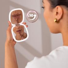 FaceCare Mini Mirror. Espejo de maquillaje doble cara con aumento 10X y espejo 1X, ambos con iluminación LED. Incorpora sensor táctil, brillo regulable y 3 temperaturas de luz (fría, cálida y natural). Funciona con batería recargable de 600 mAh y carga por USB‑C.