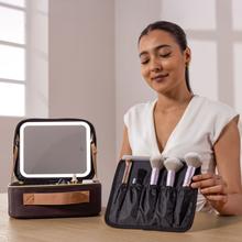 FaceCare Travel Mirror. Neceser de Maquillaje de Viaje con Espejo LED Extraíble y Luces Ajustables, Bolsa Organizadora de Cosméticos Portátil con Separadores Modulares, Compartimento para Brochas y Función Tocador