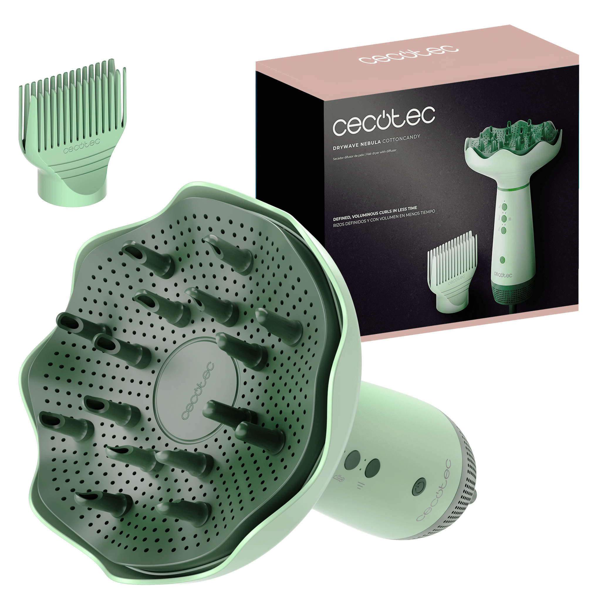 DryWave Nebula Olive Asciugacapelli con diffusore XL per capelli ricci, 2 accessori, 1200 W, 3 velocità, 3 impostazioni di temperatura, modalità Soft, tecnologia ionica, custodia
