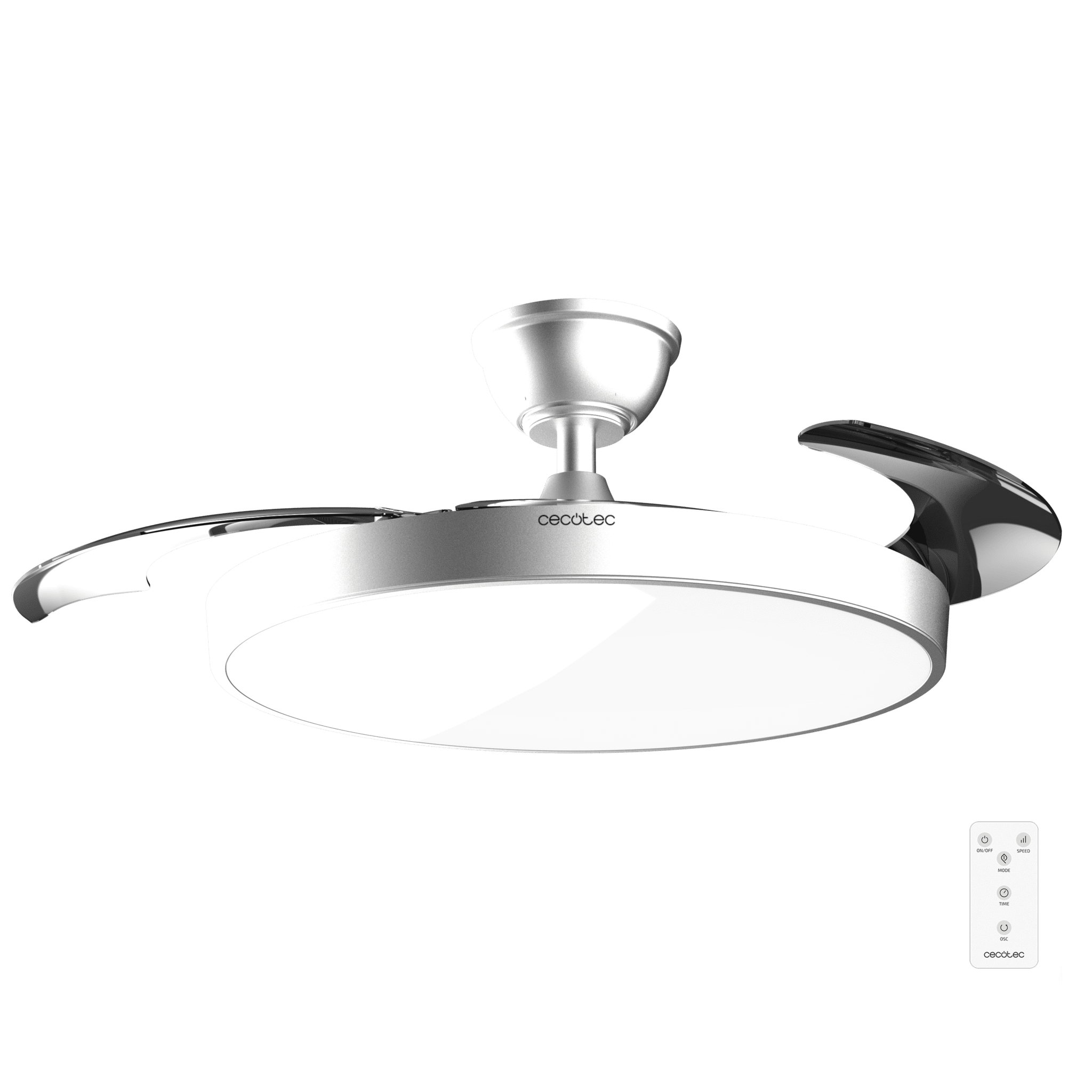 Cecotec EnergySilence Aero 300 Air Invisible Silver con aspas desplegadas y mando a distancia