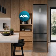 Bolero CoolMarket Combi FD 450 Elite Inox DRéfrigérateur-congélateur, MAX INSIDE avec VIP Tech, Cool Matrix, Fresh Flex (tiroir variable à 6 températures avec contrôle de l'humidité), Total NoFrost, compresseur Inverter Plus, Multi AirFlow, 450 L, 201×59,5×68 cm, fonctions Fast Cooling et Fast Freezing, mode Smart, Green HUB XL, écran extérieur, porte-bouteilles, clayettes en verre, design avec éclairage SkyLight (intérieur gris avec LED) et classe énergétique D.