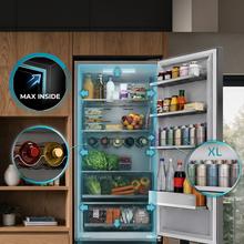 Bolero CoolMarket Combi FD 450 Elite Inox DRéfrigérateur-congélateur, MAX INSIDE avec VIP Tech, Cool Matrix, Fresh Flex (tiroir variable à 6 températures avec contrôle de l'humidité), Total NoFrost, compresseur Inverter Plus, Multi AirFlow, 450 L, 201×59,5×68 cm, fonctions Fast Cooling et Fast Freezing, mode Smart, Green HUB XL, écran extérieur, porte-bouteilles, clayettes en verre, design avec éclairage SkyLight (intérieur gris avec LED) et classe énergétique D.