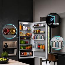 Bolero CoolMarket Combi FD 450 Elite Black Glass DRéfrigérateur-congélateur, MAX INSIDE avec VIP Tech, Cool Matrix, Fresh Flex (tiroir variable à 6 températures avec contrôle de l'humidité), Total NoFrost, compresseur Inverter Plus, Multi AirFlow, 450 L, 201×59,5×68 cm, fonctions Fast Cooling et Fast Freezing, mode Smart, Green HUB XL, écran extérieur, porte-bouteilles, clayettes en verre et classe énergétique D.