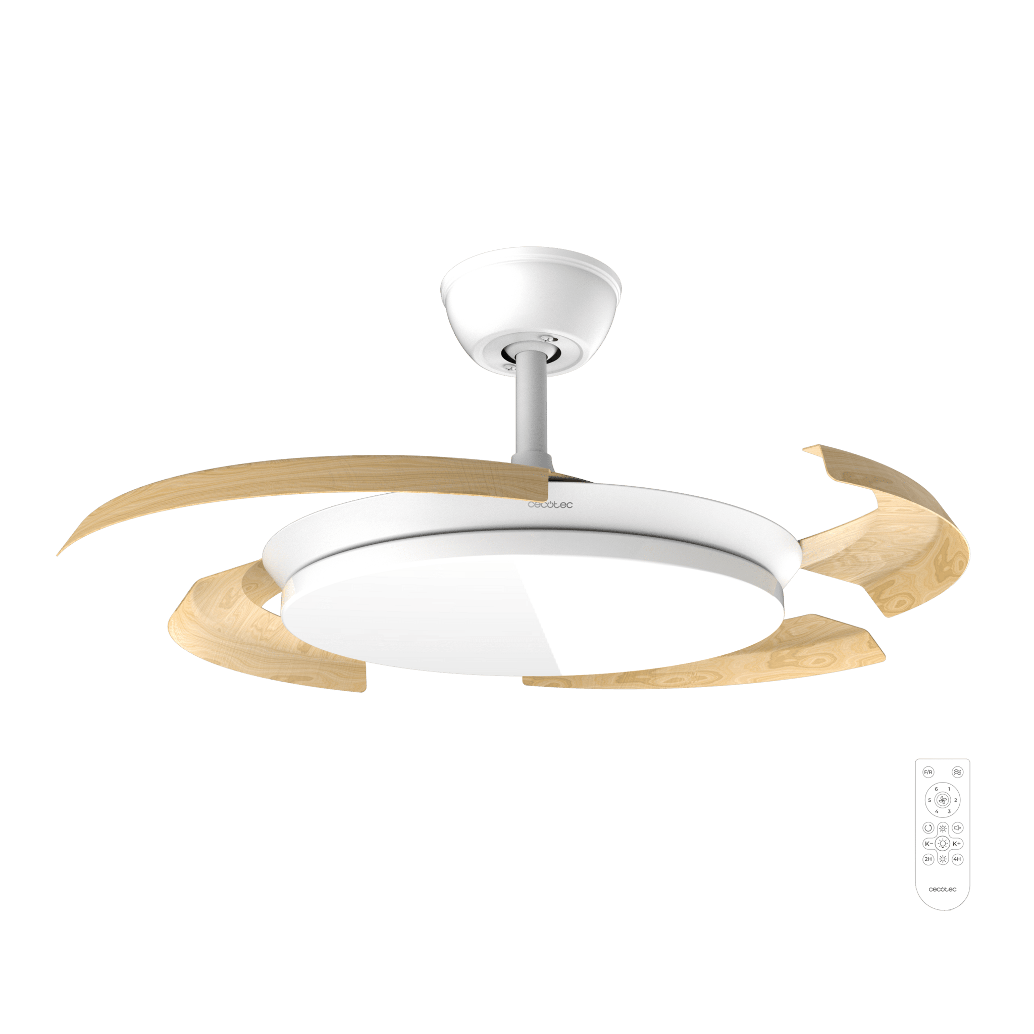 EnergySilence Aero 4500 Puzzle Invisible White&LightWood Deckenventilator mit einklappbaren Flügeln, 30‑W‑DC‑Motor, Ø 42″, LED‑Licht, Fernbedienung, Timer bis zu 4 Stunden sowie Sommer-/Winterfunktion.