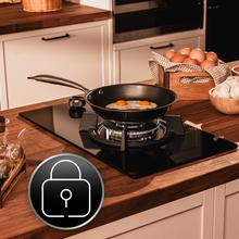 Bolero Squad GN 1200S Glass Black Placa de gas preparada para instalación a GAS NATURAL, acabado en acero inoxidable, parrilla completa de hierro fundido, potencia de 3,5kW, quemador WOK triple corona, encendido eléctrico, sistema de seguridad de las válvulas, para gas natural y accesorio para la conversión de gas incluído.