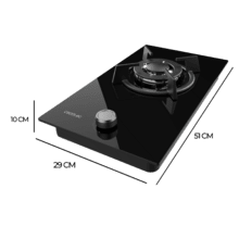 Bolero Squad GN 1200S Glass Black Placa de gas preparada para instalación a GAS NATURAL, acabado en acero inoxidable, parrilla completa de hierro fundido, potencia de 3,5kW, quemador WOK triple corona, encendido eléctrico, sistema de seguridad de las válvulas, para gas natural y accesorio para la conversión de gas incluído.