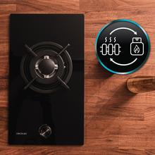 Bolero Squad GN 1200S Glass Black Placa de gas preparada para instalación a GAS NATURAL, acabado en acero inoxidable, parrilla completa de hierro fundido, potencia de 3,5kW, quemador WOK triple corona, encendido eléctrico, sistema de seguridad de las válvulas, para gas natural y accesorio para la conversión de gas incluído.