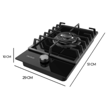 Bolero Squad GN 1200F Glass Black Placa de gas preparada para instalación a GAS NATURAL, acabado en cristal negro, parrilla completa de hierro fundido, potencia de 3,5kW, quemador WOK triple corona, encendido eléctrico, sistema de seguridad de las válvulas, para gas natural y accesorio para la conversión de gas incluído.