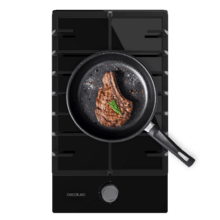 Bolero Squad GN 1200F Glass Black Placa de gas preparada para instalación a GAS NATURAL, acabado en cristal negro, parrilla completa de hierro fundido, potencia de 3,5kW, quemador WOK triple corona, encendido eléctrico, sistema de seguridad de las válvulas, para gas natural y accesorio para la conversión de gas incluído.