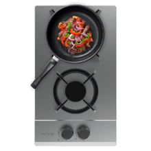 Bolero Squad GN 2200S Inox Placa de gas preparada para instalación a GAS NATURAL DE 2 FUEGOS, acabado en cristal negro, parrilla completa de hierro fundido, potencia de 5,25kW, quemador WOK triple corona, encendido eléctrico, sistema de seguridad de las válvulas, para gas natural y accesorio para la conversión de gas incluído.