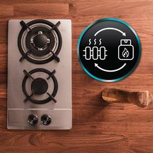 Bolero Squad GN 2200S Inox Placa de gas preparada para instalación a GAS NATURAL DE 2 FUEGOS, acabado en cristal negro, parrilla completa de hierro fundido, potencia de 5,25kW, quemador WOK triple corona, encendido eléctrico, sistema de seguridad de las válvulas, para gas natural y accesorio para la conversión de gas incluído.