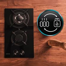 Bolero Squad GN 2200S Glass Black Placa de gas preparada para instalación a GAS NATURAL DE 2 FUEGOS, acabado en acero inoxidable, parrilla completa de hierro fundido, potencia de 5,25kW, quemador WOK triple corona, encendido eléctrico, sistema de seguridad de las válvulas, para gas natural y accesorio para la conversión de gas incluído.