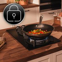 Bolero Squad GN 2200S Glass Black Placa de gas preparada para instalación a GAS NATURAL DE 2 FUEGOS, acabado en acero inoxidable, parrilla completa de hierro fundido, potencia de 5,25kW, quemador WOK triple corona, encendido eléctrico, sistema de seguridad de las válvulas, para gas natural y accesorio para la conversión de gas incluído.