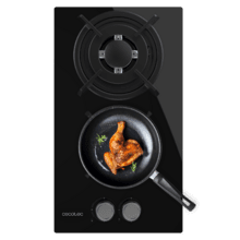 Bolero Squad GN 2200S Glass Black Placa de gas preparada para instalación a GAS NATURAL DE 2 FUEGOS, acabado en acero inoxidable, parrilla completa de hierro fundido, potencia de 5,25kW, quemador WOK triple corona, encendido eléctrico, sistema de seguridad de las válvulas, para gas natural y accesorio para la conversión de gas incluído.