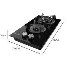 Bolero Squad GN 2200S Glass Black Placa de gas preparada para instalación a GAS NATURAL DE 2 FUEGOS, acabado en acero inoxidable, parrilla completa de hierro fundido, potencia de 5,25kW, quemador WOK triple corona, encendido eléctrico, sistema de seguridad de las válvulas, para gas natural y accesorio para la conversión de gas incluído.