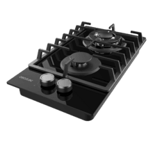 Bolero Squad GN 2200F Glass Black Placa de gas preparada para instalación a GAS NATURAL DE 2 FUEGOS, acabado en cristal negro, parrillas individuales de hierro fundido, potencia de 5,25kW, quemador WOK triple corona, encendido eléctrico, sistema de seguridad de las válvulas, para gas natural y accesorio para la conversión de gas incluído.