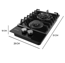 Bolero Squad GN 2200F Glass Black Placa de gas preparada para instalación a GAS NATURAL DE 2 FUEGOS, acabado en cristal negro, parrillas individuales de hierro fundido, potencia de 5,25kW, quemador WOK triple corona, encendido eléctrico, sistema de seguridad de las válvulas, para gas natural y accesorio para la conversión de gas incluído.