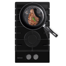 Bolero Squad GN 2200F Glass Black Placa de gas preparada para instalación a GAS NATURAL DE 2 FUEGOS, acabado en cristal negro, parrillas individuales de hierro fundido, potencia de 5,25kW, quemador WOK triple corona, encendido eléctrico, sistema de seguridad de las válvulas, para gas natural y accesorio para la conversión de gas incluído.