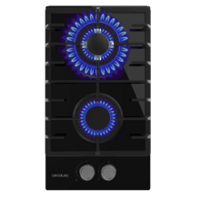 Bolero Squad GN 2200F Glass Black Placa de gas preparada para instalación a GAS NATURAL DE 2 FUEGOS, acabado en cristal negro, parrillas individuales de hierro fundido, potencia de 5,25kW, quemador WOK triple corona, encendido eléctrico, sistema de seguridad de las válvulas, para gas natural y accesorio para la conversión de gas incluído.