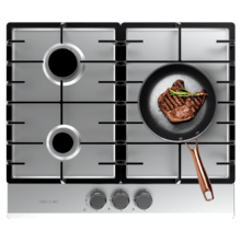 Bolero Squad GN 3200F Inox Placa de gas preparada para instalación a GAS NATURAL DE 3 FUEGOS, acabado en acero inoxidable, parrillas completas de hierro fundido, potencia de 6,25kW, quemador WOK triple corona, encendido eléctrico, sistema de seguridad de las válvulas, para gas natural y accesorio para la conversión de gas incluído.