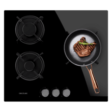 Bolero Squad GN 3200S Glass Black Placa de gas preparada para instalación a GAS NATURAL DE 3 FUEGOS, acabado en cristal negro, parrillas individuales de hierro fundido, potencia de 6,25kW, quemador WOK triple corona, encendido eléctrico, sistema de seguridad de las válvulas, para gas natural y accesorio para la conversión de gas incluído.