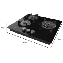 Bolero Squad GN 3200S Glass Black Placa de gas preparada para instalación a GAS NATURAL DE 3 FUEGOS, acabado en cristal negro, parrillas individuales de hierro fundido, potencia de 6,25kW, quemador WOK triple corona, encendido eléctrico, sistema de seguridad de las válvulas, para gas natural y accesorio para la conversión de gas incluído.