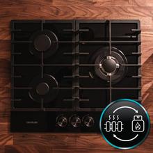 Bolero Squad GN 3200F Glass Black Placa de gas preparada para instalación a GAS NATURAL DE 3 FUEGOS, acabado en cristal negro, parrillas completas de hierro fundido, potencia de 6,25kW, quemador WOK triple corona, encendido eléctrico, sistema de seguridad de las válvulas, para gas natural y accesorio para la conversión de gas incluído.