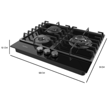 Bolero Squad GN 3200F Glass Black Placa de gas preparada para instalación a GAS NATURAL DE 3 FUEGOS, acabado en cristal negro, parrillas completas de hierro fundido, potencia de 6,25kW, quemador WOK triple corona, encendido eléctrico, sistema de seguridad de las válvulas, para gas natural y accesorio para la conversión de gas incluído.