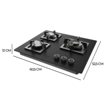 Bolero Squad GN 3800S Eternal Nano Glass Placa de gas, 3 fuegos, preparada para instalación a GAS NATURAL acabado en cristal negro mate, parrillas individuales de hierro fundido, potencia de 10,35kW, quemador Eternal, encendido eléctrico, sistema de seguridad de las válvulas, para gas natural y accesorios para la conversión de gas incluído.