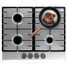 Bolero Squad GN 4200F Inox Placa de gas preparada para instalación a GAS NATURAL DE 4 FUEGOS, acabado en acero inoxidable, parrillas completas de hierro fundido, potencia de 8kW, quemador WOK triple corona, encendido eléctrico, sistema de seguridad de las válvulas, para gas natural y accesorio para la conversión de gas incluído.