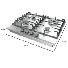 Bolero Squad GN 4200F Inox Placa de gas preparada para instalación a GAS NATURAL DE 4 FUEGOS, acabado en acero inoxidable, parrillas completas de hierro fundido, potencia de 8kW, quemador WOK triple corona, encendido eléctrico, sistema de seguridad de las válvulas, para gas natural y accesorio para la conversión de gas incluído.