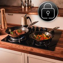 Bolero Squad GN 4200S Glass Black Placa de gas preparada para instalación a GAS NATURAL DE 4 FUEGOS, acabado en cristal negro, parrillas individuales de hierro fundido, potencia de 8kW, quemador WOK triple corona, encendido eléctrico, sistema de seguridad de las válvulas, para gas natural y accesorio para la conversión de gas incluído.