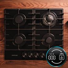 Bolero Squad GN 4200F Glass Black Placa de gas preparada para instalación a GAS NATURAL DE 4 FUEGOS, acabado en cristal negro, parrillas completas de hierro fundido, potencia de 8kW, quemador WOK triple corona, encendido eléctrico, sistema de seguridad de las válvulas, para gas natural y accesorio para la conversión de gas incluído.