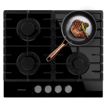 Bolero Squad GN 4200F Glass Black Placa de gas preparada para instalación a GAS NATURAL DE 4 FUEGOS, acabado en cristal negro, parrillas completas de hierro fundido, potencia de 8kW, quemador WOK triple corona, encendido eléctrico, sistema de seguridad de las válvulas, para gas natural y accesorio para la conversión de gas incluído.