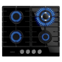 Bolero Squad GN 4200F Glass Black Placa de gas preparada para instalación a GAS NATURAL DE 4 FUEGOS, acabado en cristal negro, parrillas completas de hierro fundido, potencia de 8kW, quemador WOK triple corona, encendido eléctrico, sistema de seguridad de las válvulas, para gas natural y accesorio para la conversión de gas incluído.