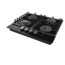 Bolero Squad GN 4200F Glass Black Placa de gas preparada para instalación a GAS NATURAL DE 4 FUEGOS, acabado en cristal negro, parrillas completas de hierro fundido, potencia de 8kW, quemador WOK triple corona, encendido eléctrico, sistema de seguridad de las válvulas, para gas natural y accesorio para la conversión de gas incluído.