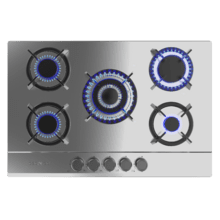 Bolero Squad GN 5200S Inox Placa de gas, 5 fuegos, preparada para instalación a GAS NATURAL acabado en acero inoxidable, parrillas individuales de hierro fundido, potencia de 11kW, quemador WOK triple corona, encendido eléctrico, sistema de seguridad de las válvulas, para gas natural y accesorio para la conversión de gas incluído.