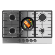 Bolero Squad GN 5200F Inox Placa de gas, 5 fuegos, preparada para instalación a GAS NATURAL acabado en acero inoxidable, parrillas completas de hierro fundido, potencia de 11kW, quemador WOK triple corona, encendido eléctrico, sistema de seguridad de las válvulas, para gas natural y accesorio para la conversión de gas incluído.