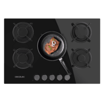 Bolero Squad GN 5200S Glass Black Placa de gas, 5 fuegos, preparada para instalación a GAS NATURAL acabado en cristal negro, parrillas individuales de hierro fundido, potencia de 11kW, quemador WOK triple corona, encendido eléctrico, sistema de seguridad de las válvulas, para gas natural y accesorio para la conversión de gas incluído.